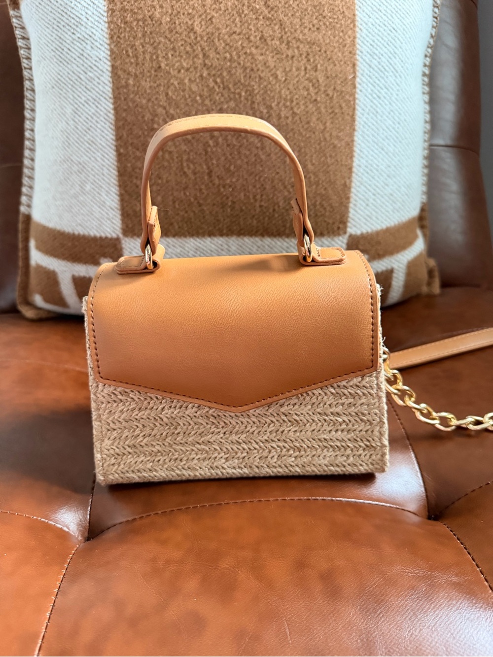 Tan Woven-Trim Top-Handle Crossbody Bag
